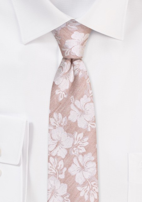 Wheat Skinny Tie with Hibiscus Flowers | What Tan Linen Silk Tie in Skinny Width