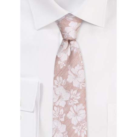 Wheat Skinny Tie with Hibiscus Flowers | What Tan Linen Silk Tie in Skinny Width