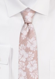 Wheat Skinny Tie with Hibiscus Flowers | What Tan Linen Silk Tie in Skinny Width