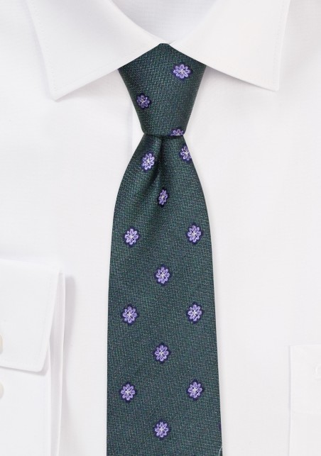 Dark Green Floral Skinny Tie | Dark Green Floral Necktie in Skinny Width in Linen Silk Cotton Blend