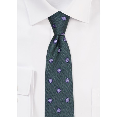 Dark Green Floral Skinny Tie | Dark Green Floral Necktie in Skinny Width in Linen Silk Cotton Blend