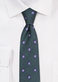 Dark Green Floral Skinny Tie | Dark Green Floral Necktie in Skinny Width in Linen Silk Cotton Blend