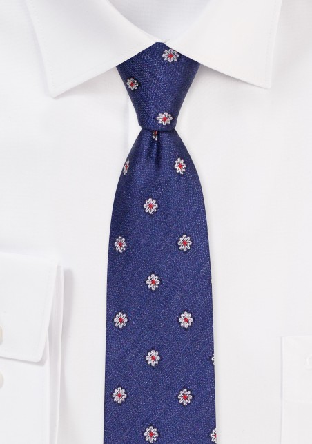 Blue Skinny Cotton Linen Silk Blend Tie | Floral Design Skinny Tie in French Blue