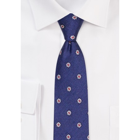 Blue Skinny Cotton Linen Silk Blend Tie | Floral Design Skinny Tie in French Blue