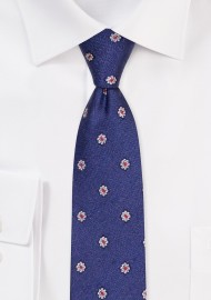 Blue Skinny Cotton Linen Silk Blend Tie | Floral Design Skinny Tie in French Blue