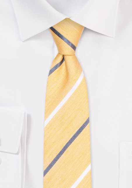 Summer Yellow Linen Silk Tie | Striped Skinny Tie in Silk, Cotton, Linen Blend