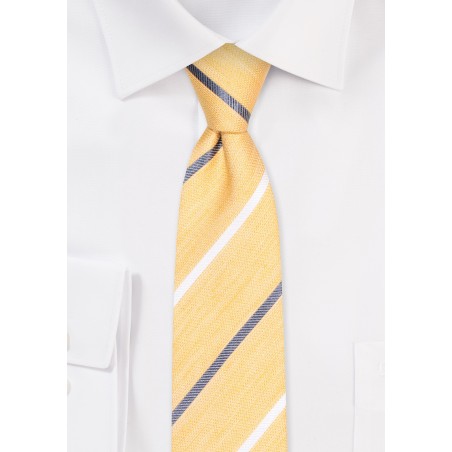 Summer Yellow Linen Silk Tie | Striped Skinny Tie in Silk, Cotton, Linen Blend