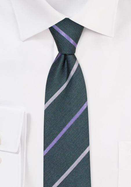 Stripe Skinny Tie in Dark Green | Linen, Cotton, Silk Skinny Tie in Dark Green with Stripes