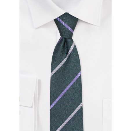 Stripe Skinny Tie in Dark Green | Linen, Cotton, Silk Skinny Tie in Dark Green with Stripes