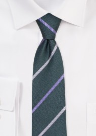 Stripe Skinny Tie in Dark Green | Linen, Cotton, Silk Skinny Tie in Dark Green with Stripes