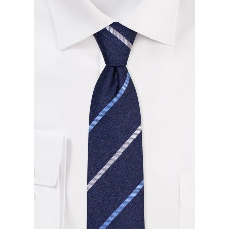 Blue Stripe Mens Tie in Linen, cotton, Silk | Skinny Width Tie with Stripes in Blue
