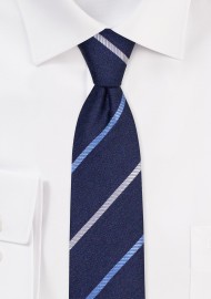 Blue Stripe Mens Tie in Linen, cotton, Silk | Skinny Width Tie with Stripes in Blue