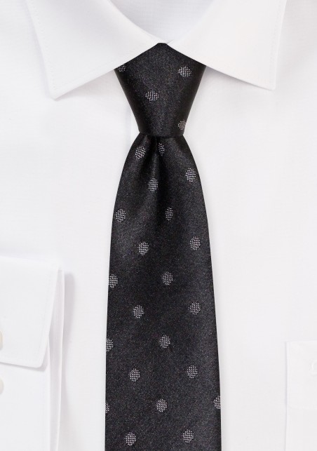 Polka Dot Silk Tie in Skinny Width | Black Skinny Tie with Polka Dots in Dark Gray