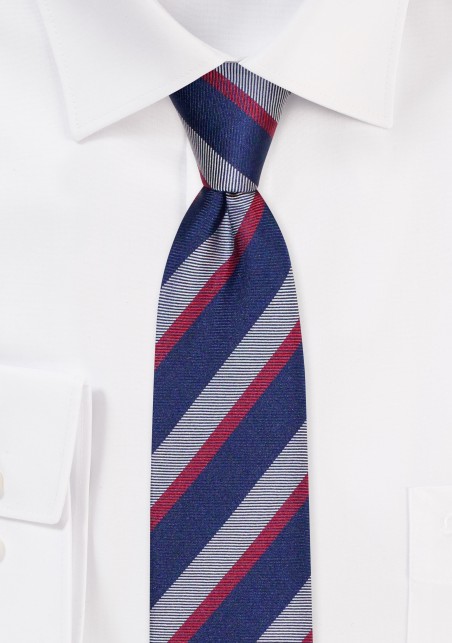 Preppy Raw Silk Striped Skinny Tie | Slim Cut Tie in Navy with Gray and Wine Stripes