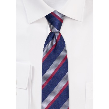 Preppy Raw Silk Striped Skinny Tie | Slim Cut Tie in Navy with Gray and Wine Stripes