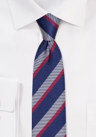 Preppy Raw Silk Striped Skinny Tie | Slim Cut Tie in Navy with Gray and Wine Stripes