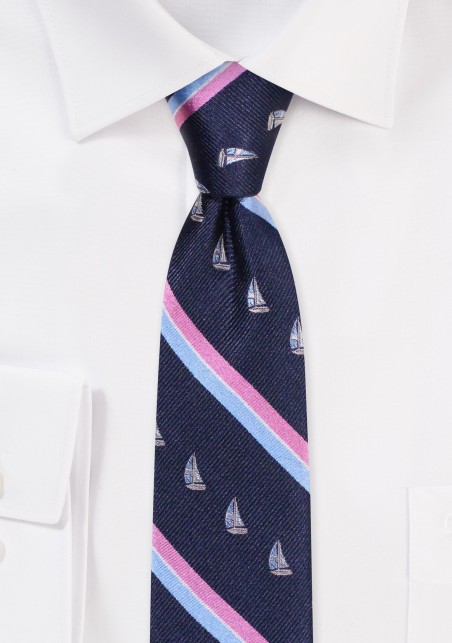 Preppy Tie with Sailing Yachts | Navy and Pink Striped Skinny Tie with Sailboats