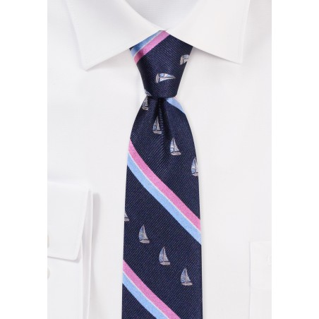 Preppy Tie with Sailing Yachts | Navy and Pink Striped Skinny Tie with Sailboats