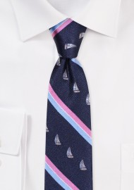 Preppy Tie with Sailing Yachts | Navy and Pink Striped Skinny Tie with Sailboats