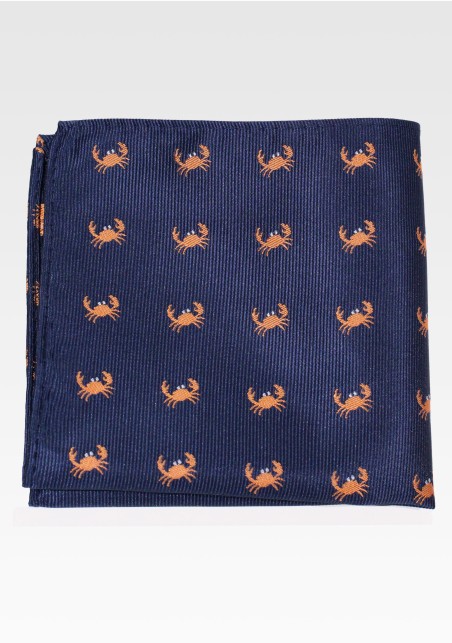 Navy Blue Pocket Square with Orange Crabs