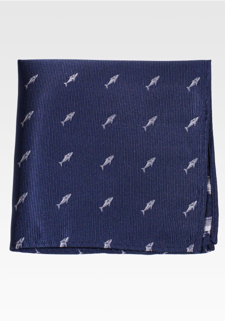 Navy Blue Pocket Square with Tiny Sharks