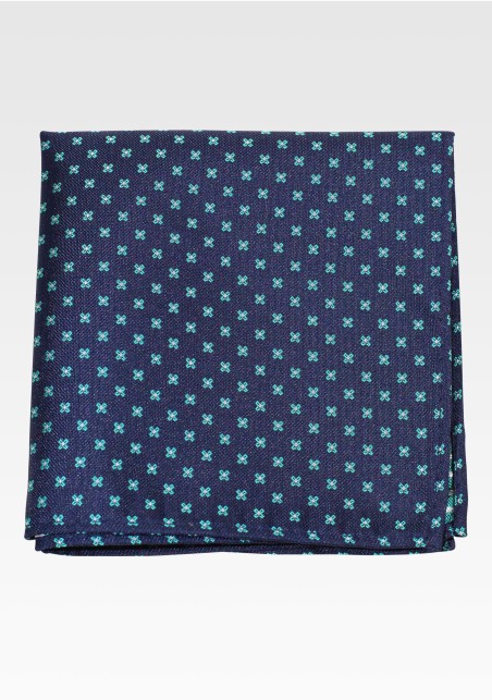 Denim Blue Pocket Square with Tiny Green Flowers