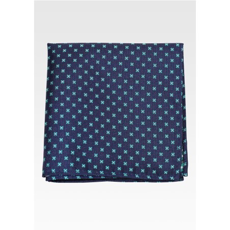Denim Blue Pocket Square with Tiny Green Flowers