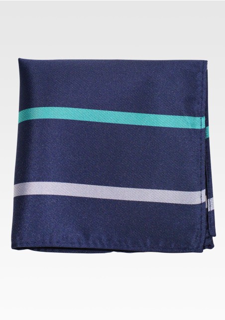 Navy Striped Pocket Square | Blue Hanky with Silver and Green Stripes