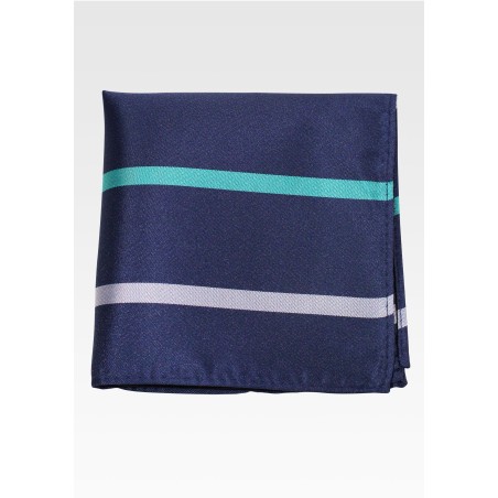 Navy Striped Pocket Square | Blue Hanky with Silver and Green Stripes