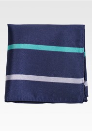 Navy Striped Pocket Square | Blue Hanky with Silver and Green Stripes