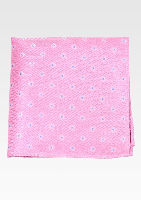Pink Mens Pocket Square with Small Woven Blue Flowers