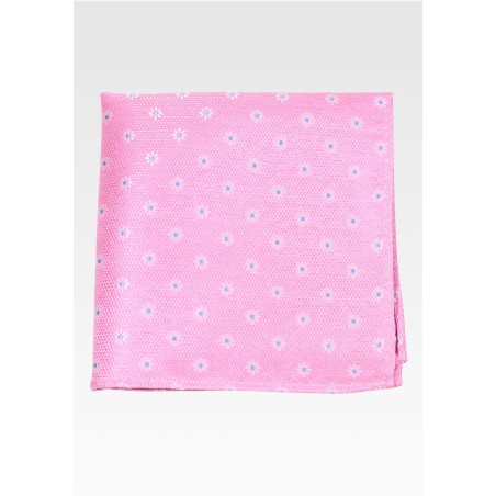 Pink Mens Pocket Square with Small Woven Blue Flowers