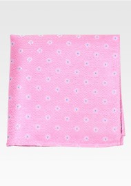 Pink Mens Pocket Square with Small Woven Blue Flowers