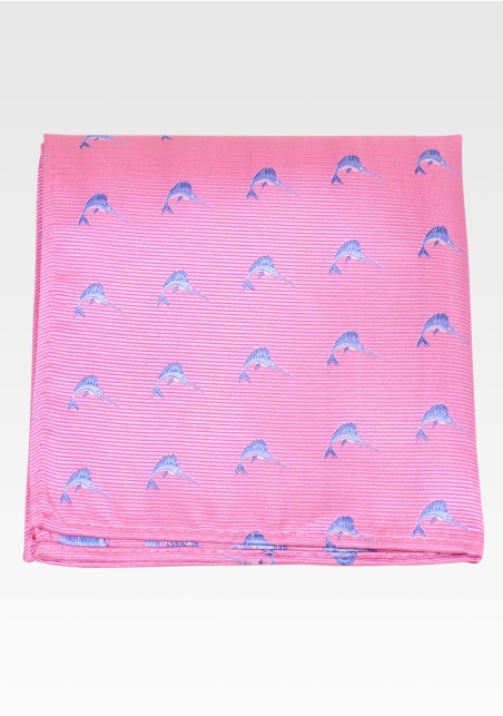 Pink Pocket Square with Sailfish in Blue