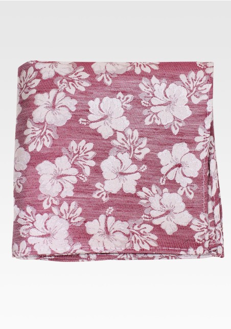 Linen, Silk, Cotton Pocket Square in Red with Hibiscus Flowers