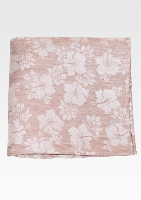 Linen, Silk, Cotton Pocket Square in Wheat Tan with Hibiscus Flowers