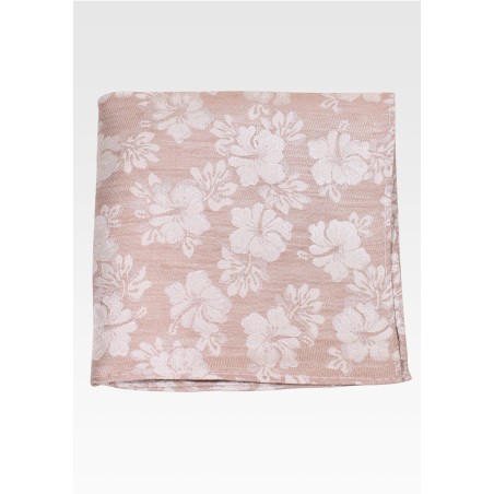 Linen, Silk, Cotton Pocket Square in Wheat Tan with Hibiscus Flowers