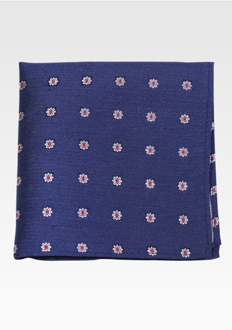 Royal Blue Pocket Square with Florals on Matte Woven Silk Fabric