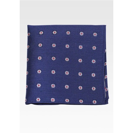 Royal Blue Pocket Square with Florals on Matte Woven Silk Fabric