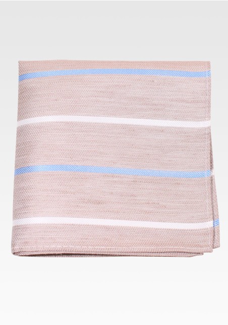 Wheat Tan Pocket Square with Stripes in Linen, Cotton, Silk