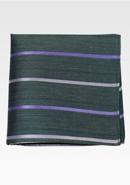 Pine Green Pocket Square with Stripes in Linen, Cotton, Silk Blend Fabric