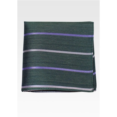 Pine Green Pocket Square with Stripes in Linen, Cotton, Silk Blend Fabric