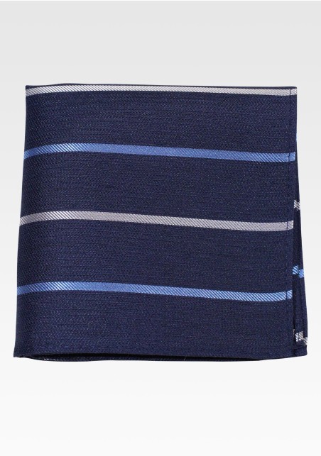 Denim Blue Pocket Square in Linen, Silk, Cotton Fabric with Stripes