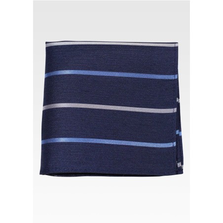 Denim Blue Pocket Square in Linen, Silk, Cotton Fabric with Stripes