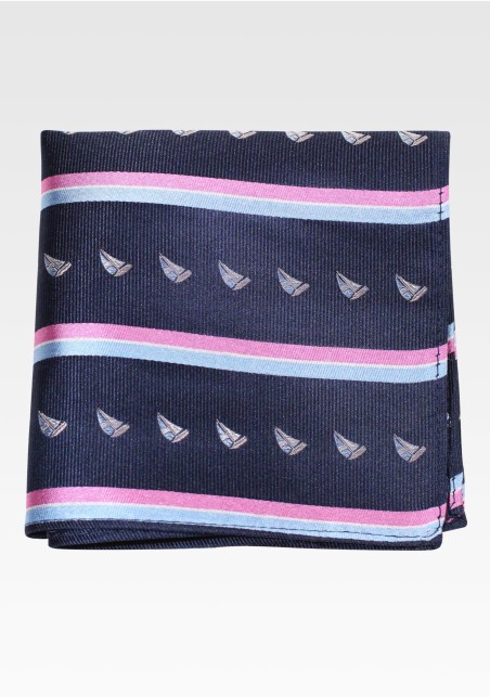 Navy, Pink Striped Silk Hanky with Tiny Sailing Yachts
