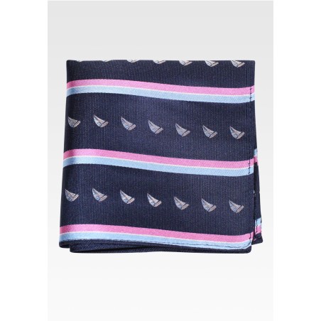 Navy, Pink Striped Silk Hanky with Tiny Sailing Yachts
