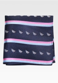 Navy, Pink Striped Silk Hanky with Tiny Sailing Yachts