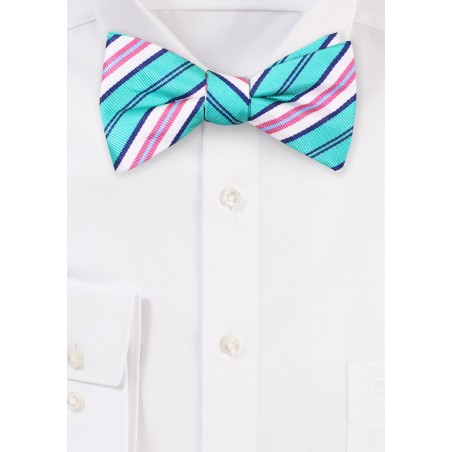 Turquoise Green and Pink Repp Stripe Bow Tie