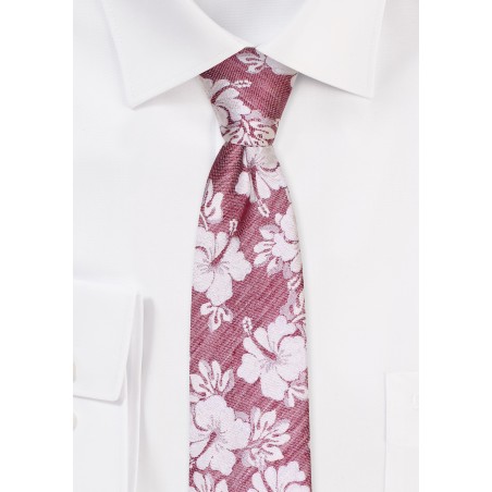 Hibiscus Flower Tie in Skinny Width | Red Skinny Tie with Hibiscus Flowers