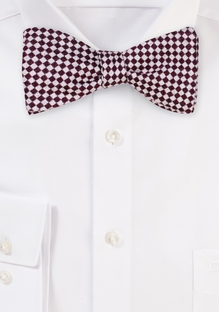 Gingham Check Bow Tie in Burgundy and Silver | Silk and Wool Self-Tie Gingham Check Bowtie